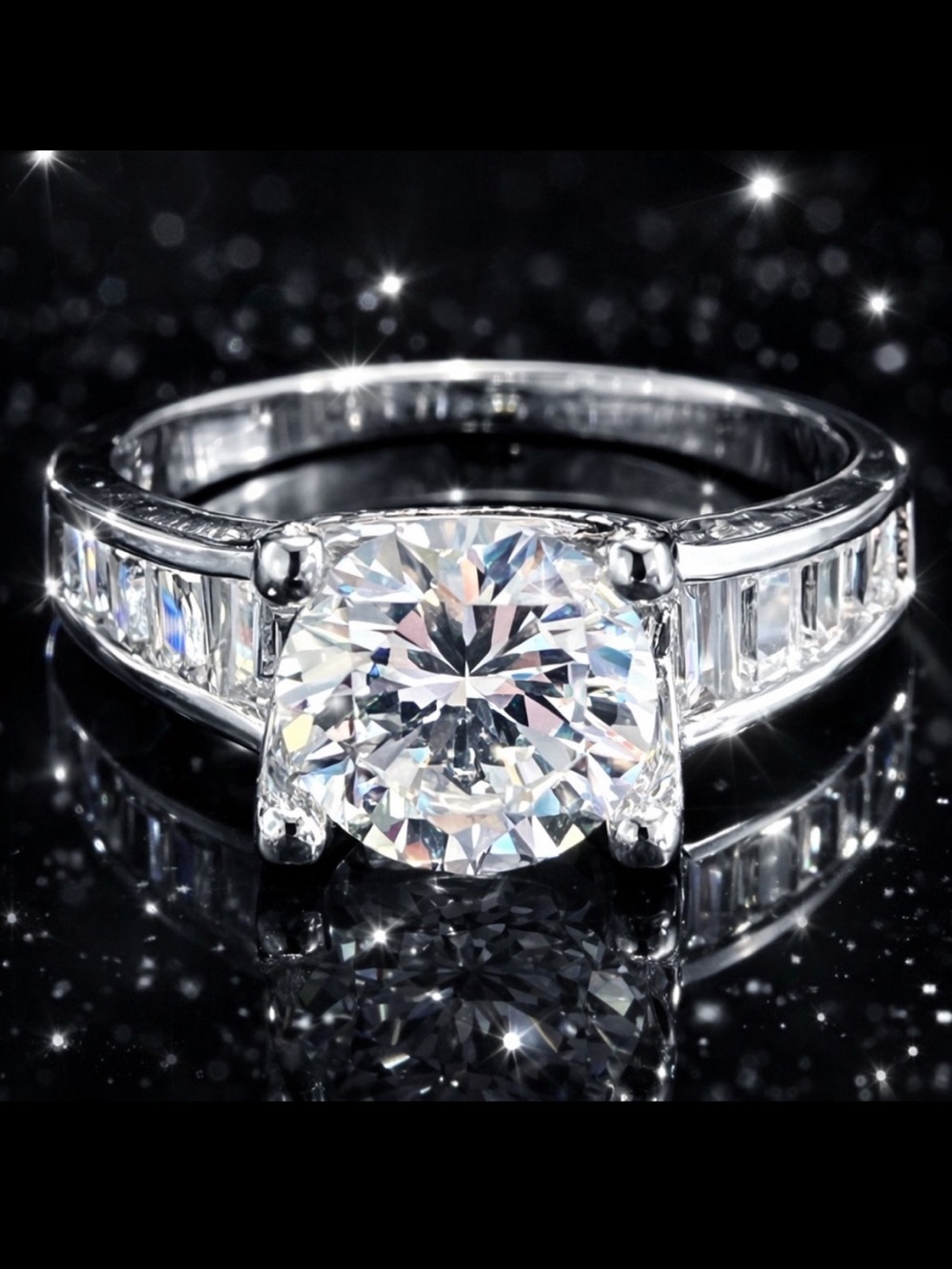 Diamonique Channel Set baguette Round Solitaire pave Cz Engagement Ring silver